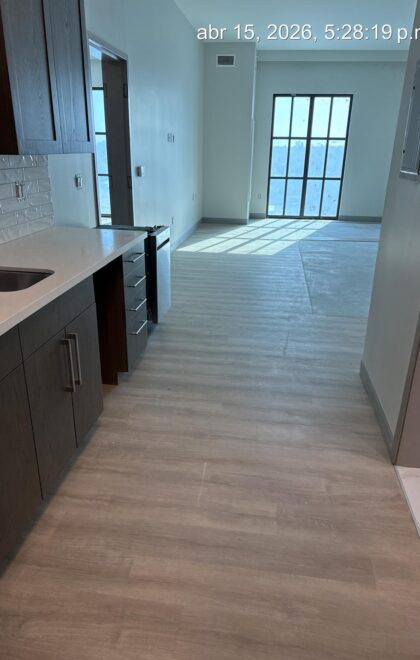 Kitchen with clear flooring and glazed door